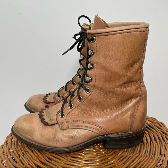 Laredo Vintage Leather Lace Up Roper Granny Paddock Fringe Tan Cowgirl Boots 6.5 - Picture 4 of 7